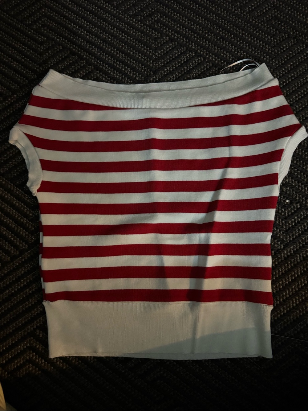 Zara Red and White Striped Boatneck Short Sleeve Top